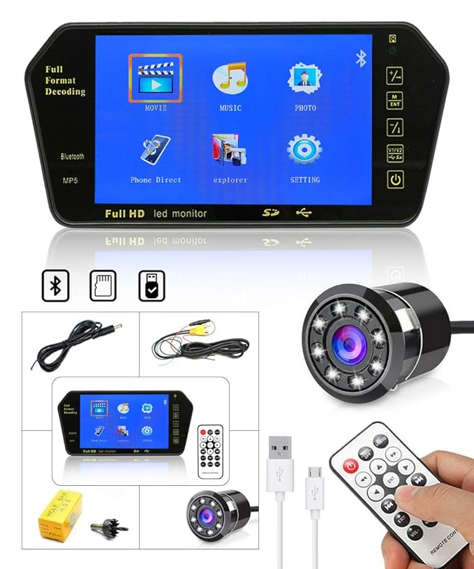 7” Inch HD LCD Screen with In-built Speaker and Moving Lines Parking Assist Rear View Camera Combo Supports USB, Mirror Link, Bluetooth for Cars