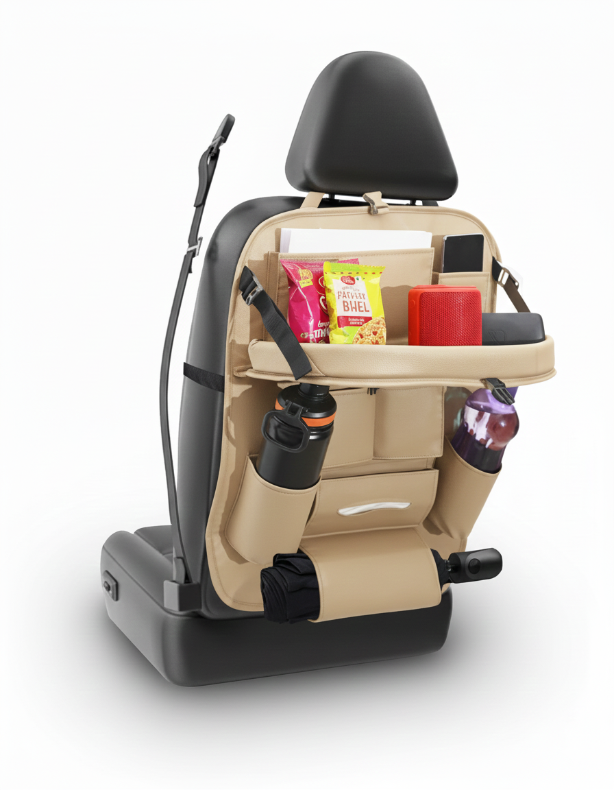 PU Leather Auto Car Back Seat Organizer with Foldable Dining Table Tray, Multipocket Storage Tablet, Bottle and Tissue Paper Holder_Tan (With Tray)