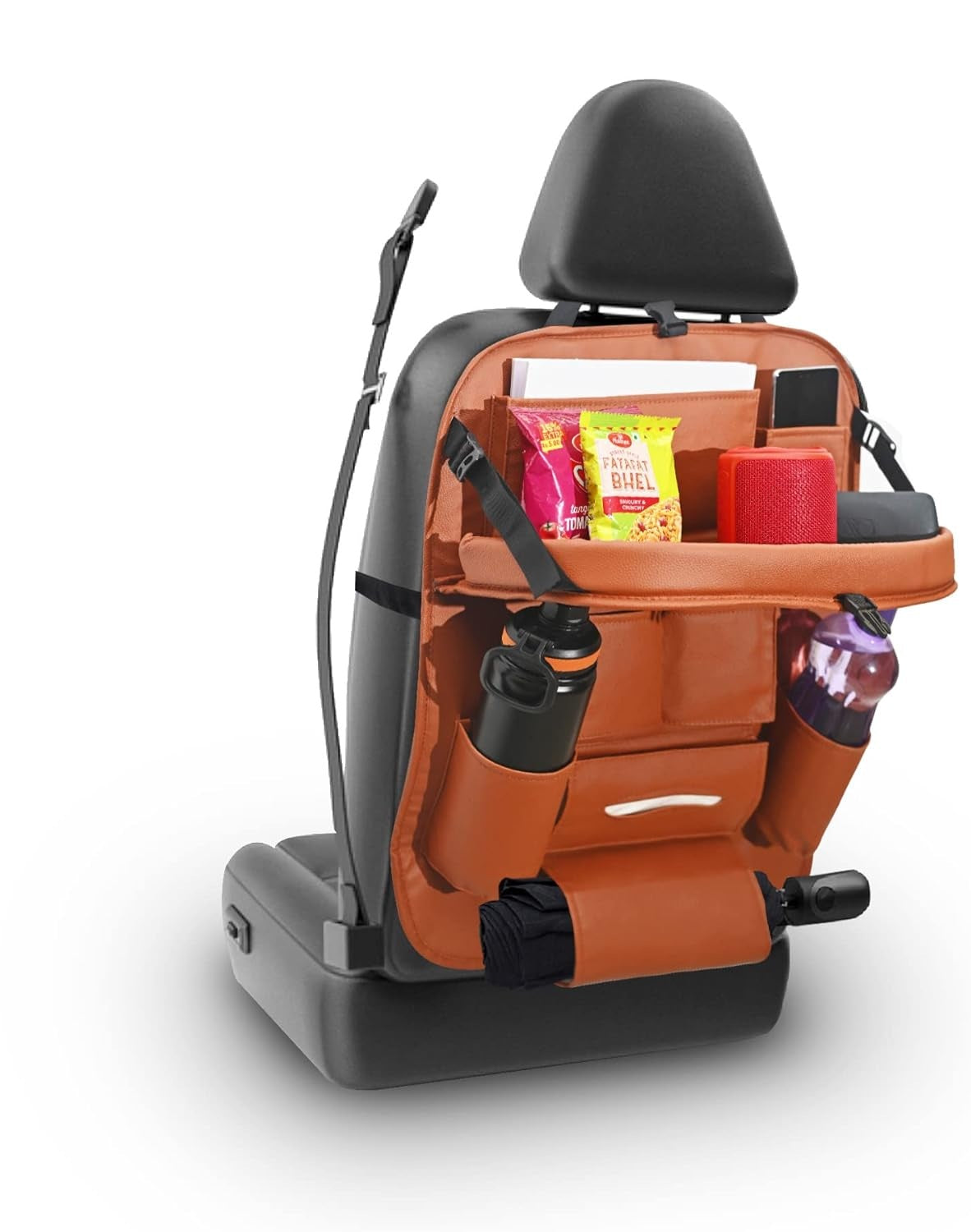 PU Leather Auto Car Back Seat Organizer with Foldable Dining Table Tray, Multipocket Storage Tablet, Bottle and Tissue Paper Holder_Tan (With Tray)